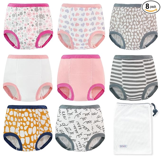EZ Moms 8 Packs Potty Training Underwear Soft 100% Cotton Absorbent Toddler Training Underwear Girls 3T Kid Confident Underpants for Girls Reusable Leakproof Baby Pee Pants with Potty Sticker Chart