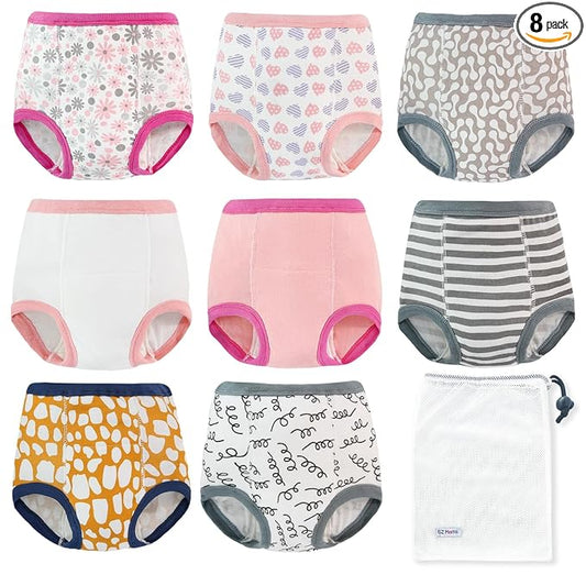 EZ Moms 8 Packs Potty Training Underwear Soft 100% Cotton Absorbent Toddler Training Underwear Girls Kid Confident Toddler Girl Panties 4T Reusable Leakproof Baby Pee Pants with Potty Sticker Chart