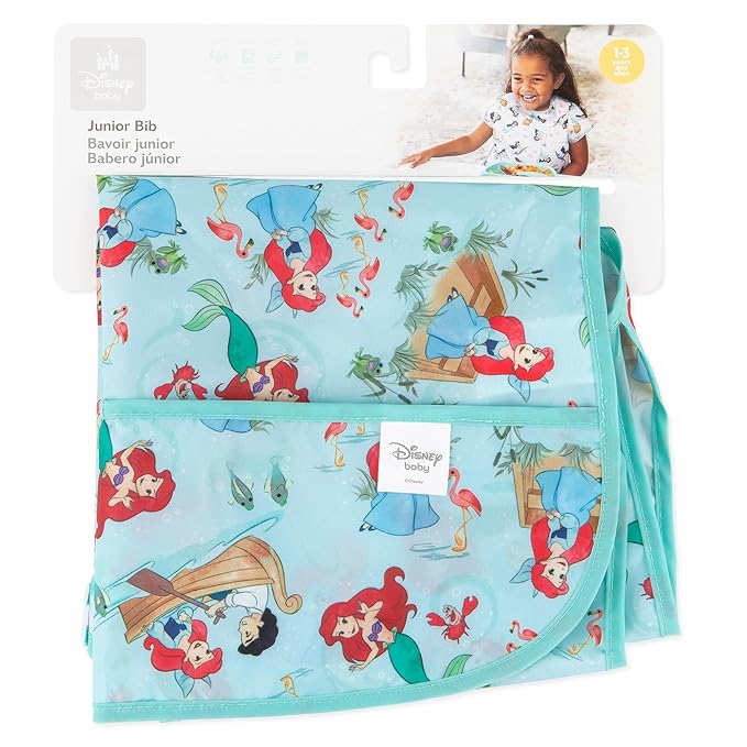 Bumkins Disney Short Sleeve Bib for Girl or Boy, Toddler and Kids for 1-3 Years, Large Size, Essential Must Have for Junior Children, Eating, Mess Saving Soft Fabric Apron for Play, Ariel