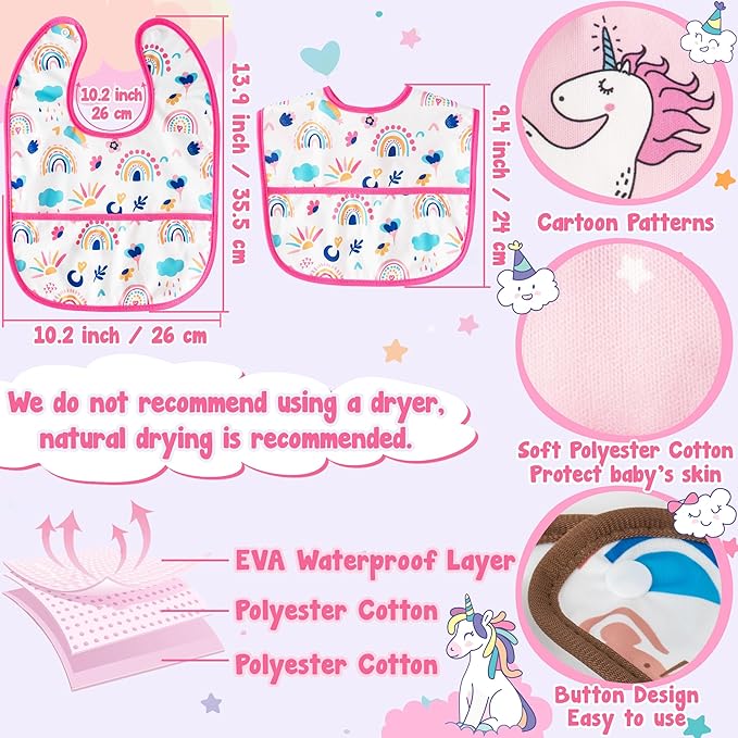 Baby Bibs for Eating - 6Pcs Toddler Waterproof Feeding Bibs with Crumb Catcher Pocket Adjustable Sleeveless Teething Plastic Food Bib Set Infant Keepsake Gift for Baby Shower, 6-24 Months