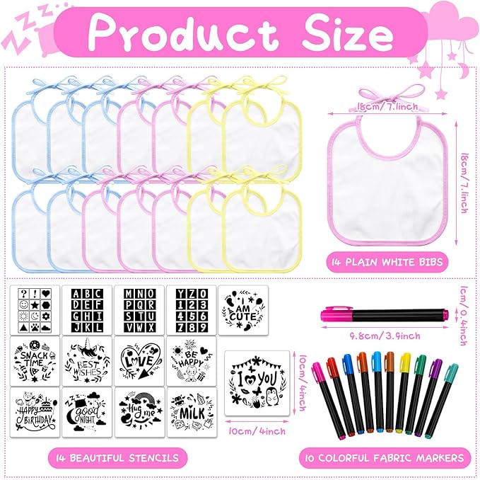 Jutom 38 Pcs DIY Baby Bibs Decorating Kit 14 Bibs 14 Stencils 10 Fabric Markers 2 Ply Feeder Design Bib for Shower Games