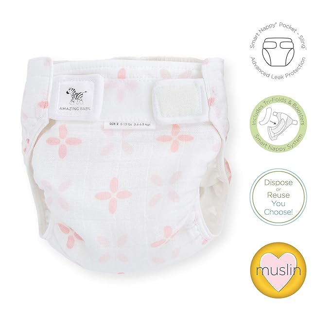 Amazing Baby Hybrid Cloth Diaper Cover with Pocket-Sling, Small, Sz 2 (8-15 lbs), Use with Boosties Inserts, Pink Springfield, SmartNappy Set includes Muslin Cover + Tri-fold Insert + Booster Pad