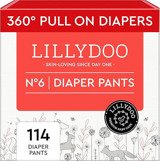 LILLYDOO Diaper Pants Toddlers - Size 6 (29+ lbs), Monthly Supply (114 Count), Skin-Friendly, Ultrasoft, Chlorine-Free, Snug Fit & Absorbent Pull On Diapers