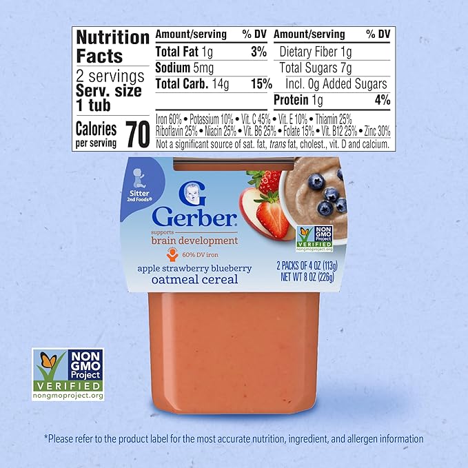 Gerber 2nd Foods Apple Strawberry Blueberry with Mixed Cereal Baby Food, 4 oz Tubs, 2 Count (Pack of 8)