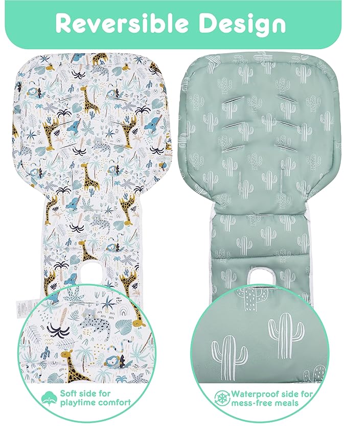 Baby High Chair Cover Replacement, Reversible & Waterproof High Chair Cushion Pad Home & Restaurant use, Includes 5-Point Harness Strap, Chair Not Included - Green