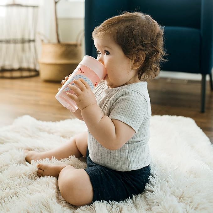 Dr. Brown's Milestones Wide-Neck Sippy Spout Bottle with 100% Silicone Handles & Milestones Cheers 360 Cup Spoutless Transition Cup, Travel Friendly & Leak-Free Sippy Cup, Pink Leopard, 10 oz/300 mL