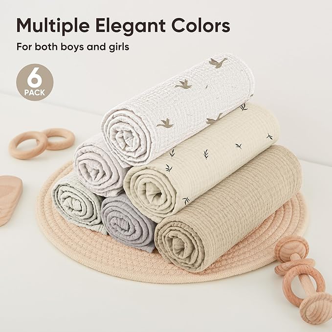 Bearmoss 6 Pack Muslin Burp Cloths for Baby, 100% Cotton Soft Large Burping Cloths for Unisex, Boy, Girl, 23.6" X 23.6" Newborn Essentials Absorbent Milk Spit Up Rags (White Apricot)