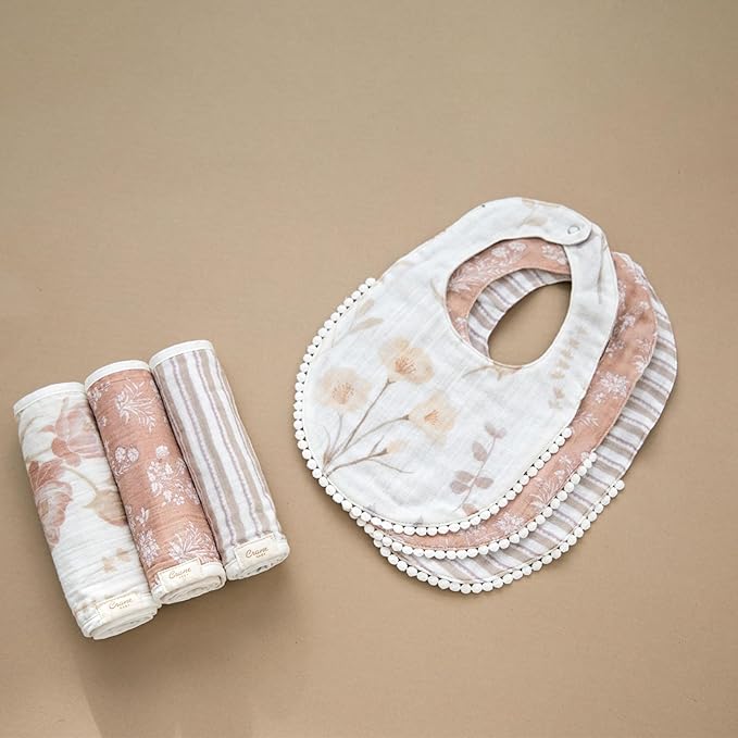 Crane Baby Violet Floral Cotton Muslin Burp Cloth Set, 3 Pack Baby Girl Burp Cloths, Absorbent 100% Cotton Muslin, Pink Burping Cloth for Baby Girl, Soft Burping Cloths for Newborn