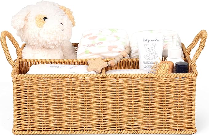Diaper Caddy Organizer, Hand Rattan Nursery Baby Basket Changing Table Organizer for Baby Essentials, Baby Shower Gifts, Versatile Shelf Basket Bathroom/Kitchen Organizer (Natural, L)