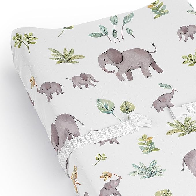Sweet Jojo Designs Watercolor Elephants Boy Girl Gender Neutral Baby Changing Pad Cover Sheet Infant Newborn Diaper Table Change Mat Cover Sage Green Grey Jungle Safari Palm Trees Leaf Tropical Nature