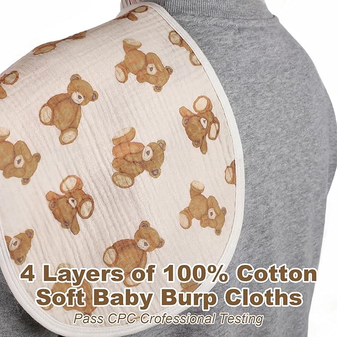 Hahafelt 4 Pcs Bear Baby Burp Cloths 100% Cotton Absorbent & Soft Burping Cloth Newborn Towel 2-in-1 Large Size Baby Spit up Burping Rags Set for Boys and Girls Infant Newborn