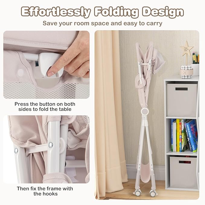 HONEY JOY Changing Table, Folding Mobile Nursery Organizer w/Wheels, Adjustable Height, Storage Bag & Open Shelf, Portable Diaper Changing Station for Newborn Infant (Beige, 32"x26"x39.5")