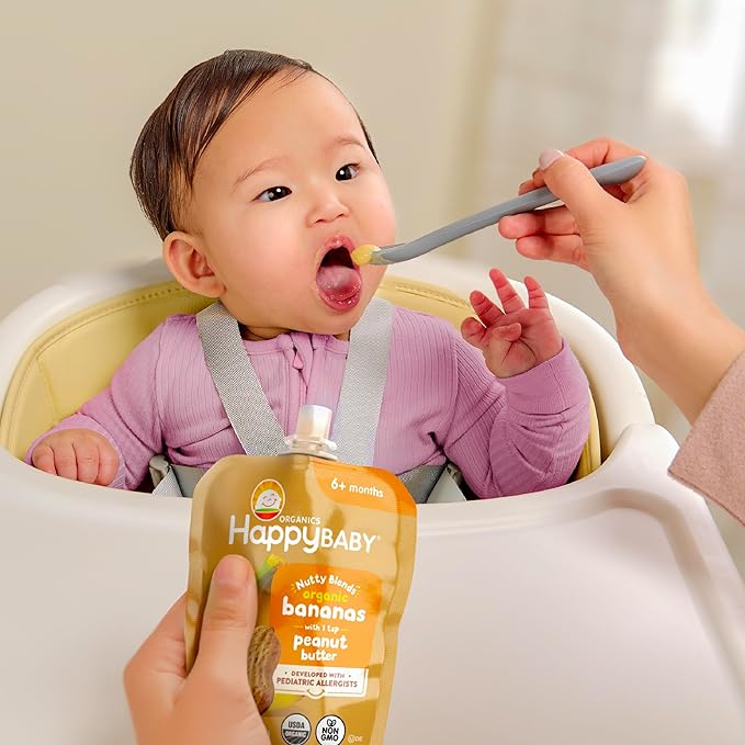 Happy Baby Organics Nutty Blends Stage 2, Fruit and Nut Butter, Allergen Introduction in Baby Appropriate Texture, for 6+ Months, 8 Variety Ct