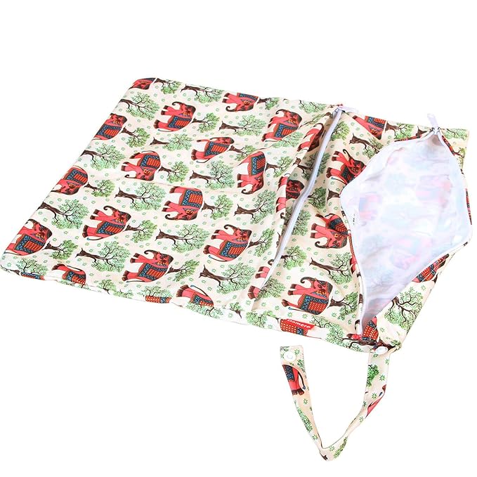 Damero 2pcs Travel Wet and Dry Bag, Reusable Wet Bags Organizer with Two Zippered Pocket for Cloth Diaper, Pumping Parts, Swimsuit and Gym, Elephants