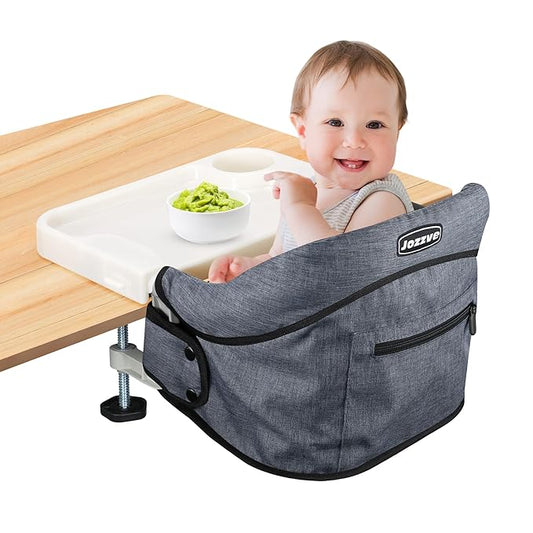 Hook On High Chair with Detachable Tray, Portable Foldable Clip On Baby Travel High Chair, Lightweight Feeding Seat with Storage Bag, BPA-Free Safety Harness for Home Restaurant (Grey)