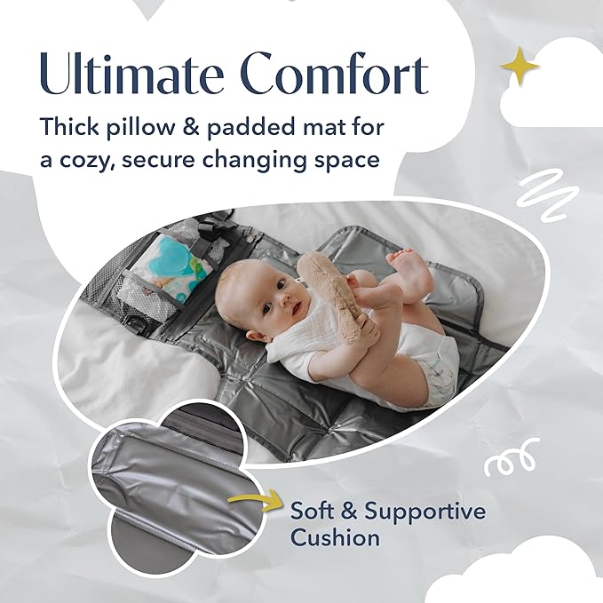 Portable Diaper Changing Mat, Fits Most Changing Tables, One-Hand Hook-and-Loop Fasteners, Front Touchscreen-Friendly Pocket, Grey