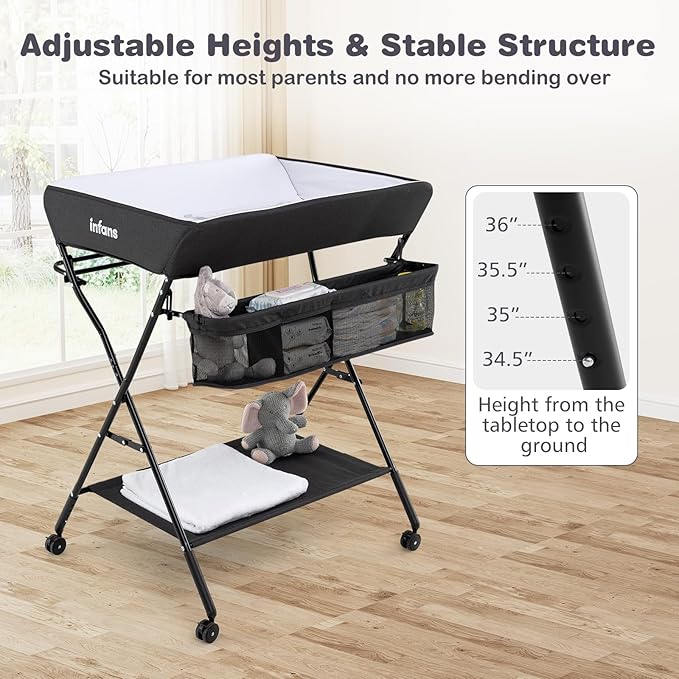 INFANS Baby Changing Table with Wheels, Portable Folding Diaper Station Nursery Organizer with Storage Basket, Hanging Rack, Adjustable Height, Safety Belt for Newborn Infant (Black)