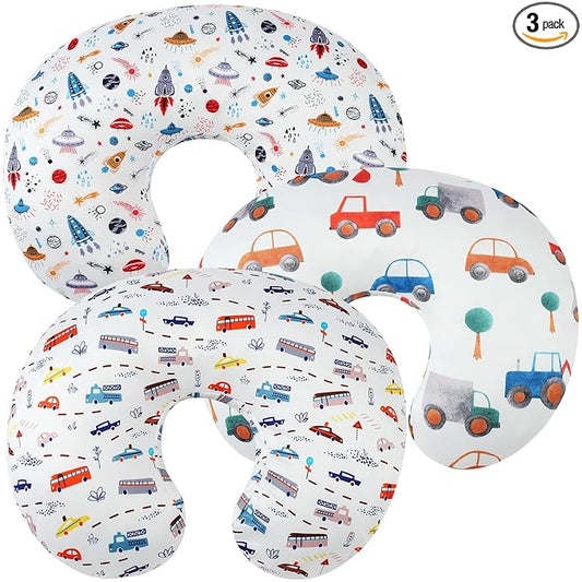 Nursing Pillow Cover Set 3 Pack Nursing Pillow Slipcovers for Moms Breastfeeding Moms, Ultra-Soft Stretchy Fit Standard Nursing Pillows Rocket Satellite,Car & Bus