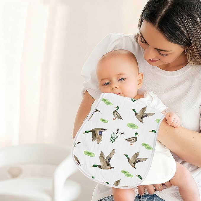 4 Pack Mallard Duck Baby Burp Cloths for Boy Girl, Duck Hunting Muslin Burp Cloths Soft Absorbent Mallard Nursery Decor Unisex Baby Burping rag Newborn, 19 x 9 Inches