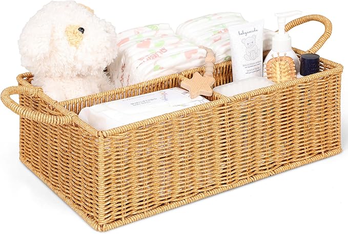 Diaper Caddy Organizer, Hand Rattan Nursery Baby Basket Changing Table Organizer for Baby Essentials, Baby Shower Gifts, Versatile Shelf Basket Bathroom/Kitchen Organizer (Natural, L)