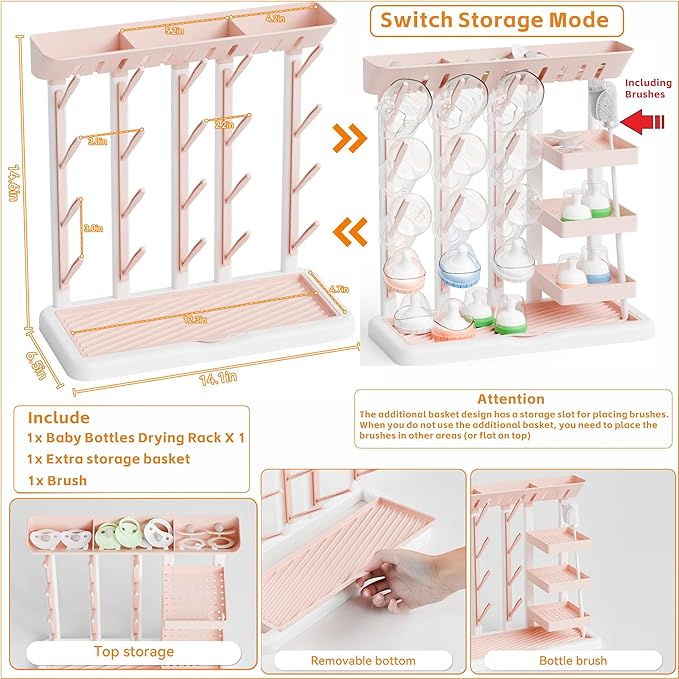 Yieach Larger Baby Bottles Drying Rack for 20 Bottles,Space Saving Feeding Drying Rack for Baby Bottles for Countertop,Vertical Baby Bottle Holder & Storage Station for Pacifiers,Breast Pump,Pink
