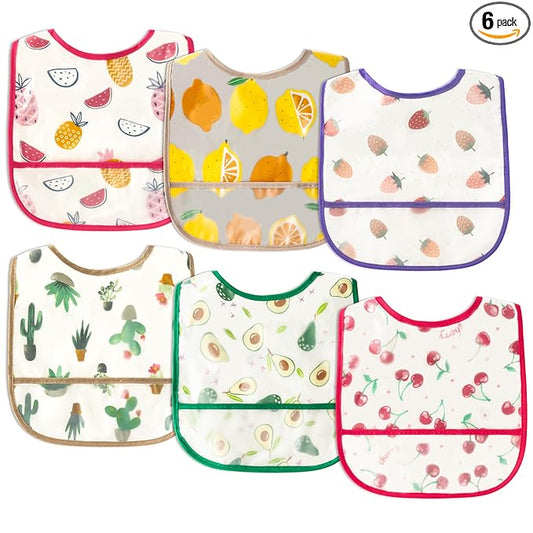 6Pcs Baby Bibs for Eating Toddler Feeding Bibs with Crumb Catcher Pocket Fruit Adjustable Sleeveless Teething Plastic Food Bib Set Waterproof Infant Keepsake Gift for Baby Shower, 6-24 Months