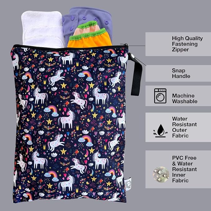 FLOCK THREE Waterproof and Reusable Wet Bag Diaper Stroller Water Resistant Swimsuit Travel Toiletries Yoga Gym Washable Carrier Unicorn Large 12.6'' x 16.5''