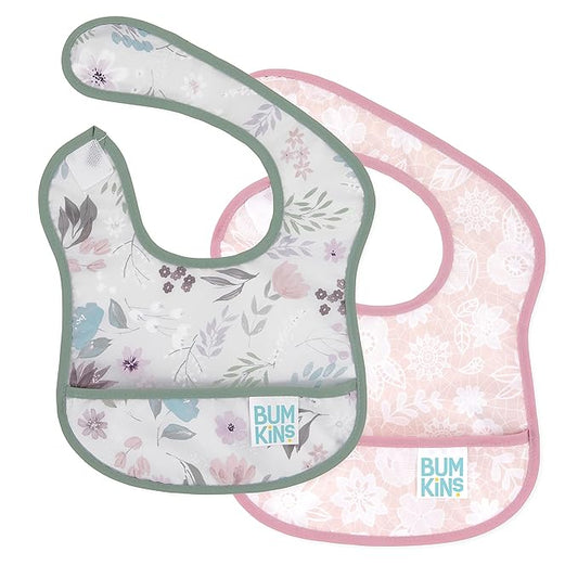 Bumkins Bibs, for Baby Girl or Boy, Infant 3-9 Months, Essential Must Have for Eating, Feeding, Baby Led Weaning, Mess Saving Waterproof Soft Fabric, Starter Bib 2-pk Floral and Lace Gray and Pink