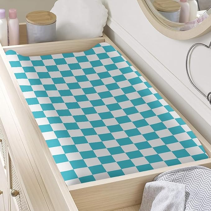 Teal Checkered Changing Pad Cover for Baby Girls Boys Cartoon Breathable Diaper Change Table Sheet Soft Stretchy Cute Change Table Mat Cover Fit 32x16
