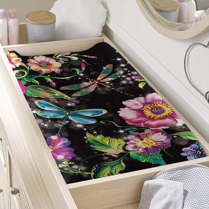 Dragonfly Flowers Changing Pad Covers, Breathable Baby Diaper Change Table Covers, Ultra Soft Contoured Pad Covers for Newborn Baby Boy Girls