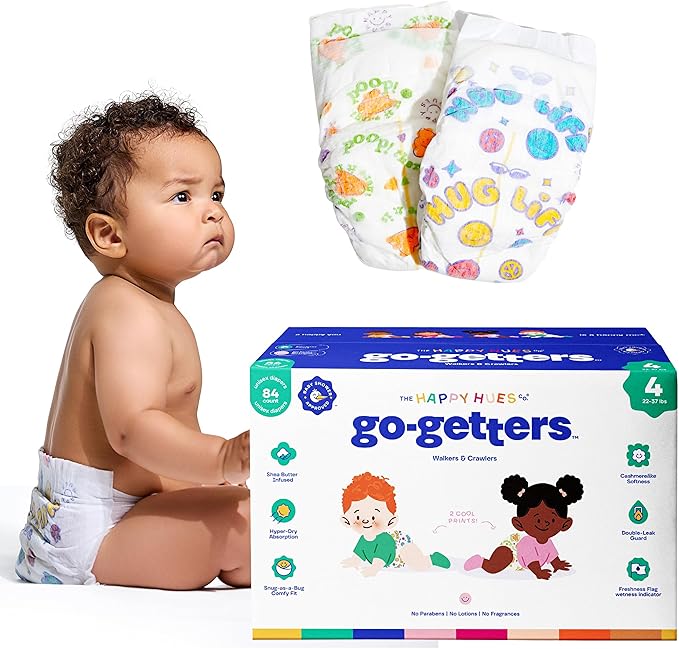 Happy Hues Go-Getters Disposable Diapers Size 4, 22-37 lbs – Baby Diapers with Shea Butter,Wetness Indicator, Leak Protection–Ultra-Soft Unisex Diapers with Full Coverage for Boys & Girls, 84Count