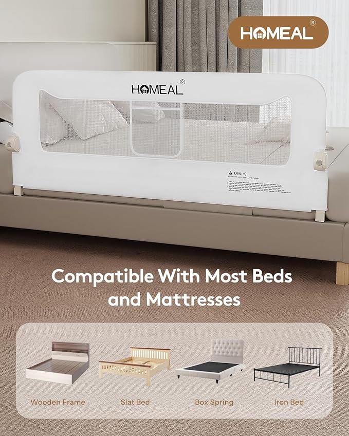 HOMEAL Toddlers Bed Rails, 47" Long Swing Down Bed Guard with Double Reinforced Stability, Foldable Metal Safety Rail for King, Queen, Full & Twin Beds, White
