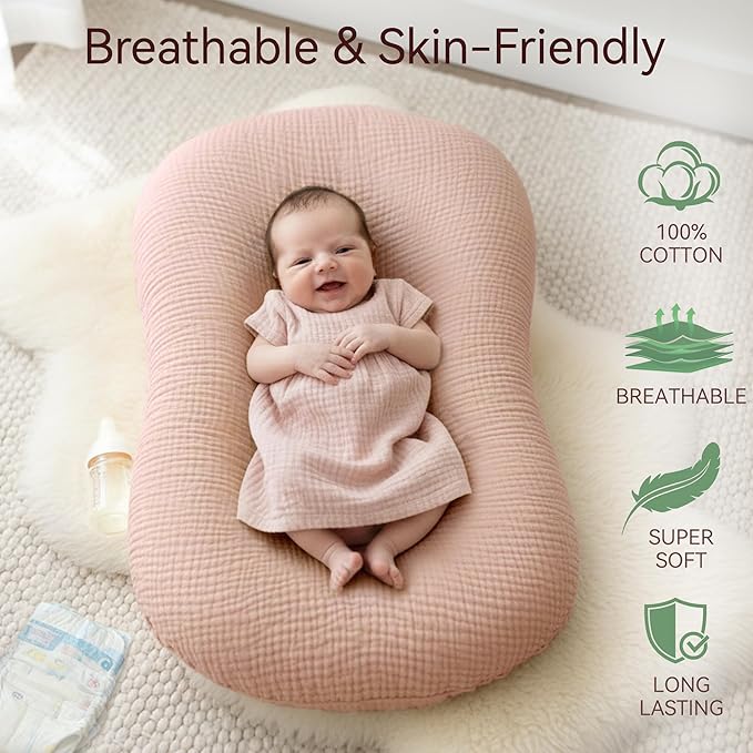 Muslin Baby Lounger Cover 2 Pack, Cotton Soft Breathable Infant Nest Slipcovers, Envelope Closure, Compatible with Snuggle Me Loungers, Machine Washable, Cover Only, for Girls Boys(Pink & Purple)