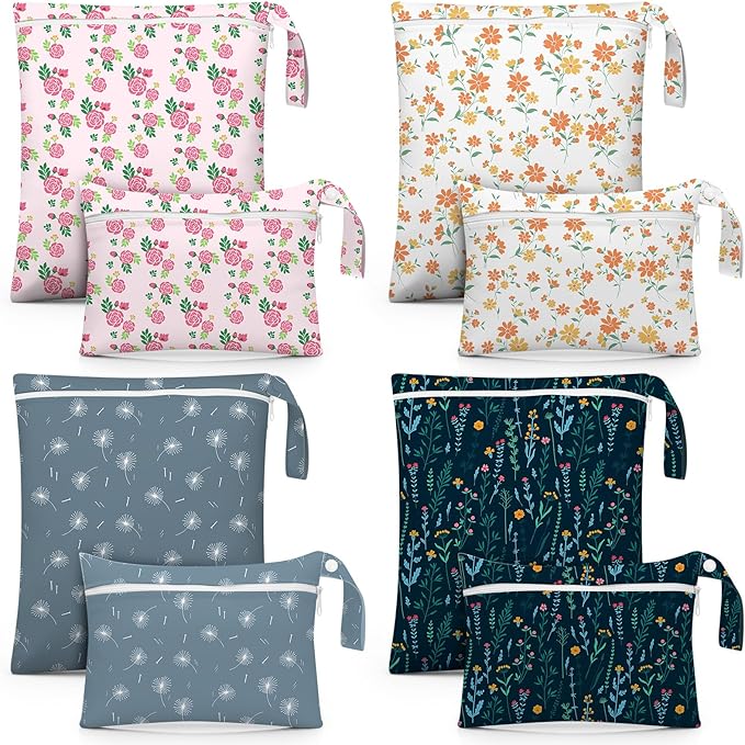 Reginary 8 Pack Wet Dry Bags Large & Small Waterproof Reusable Travel Zipper Pouches for Baby Diapers Family Wet Clothes Beach Swimsuits Toiletries(2 Sizes,Flower,Multicolor)
