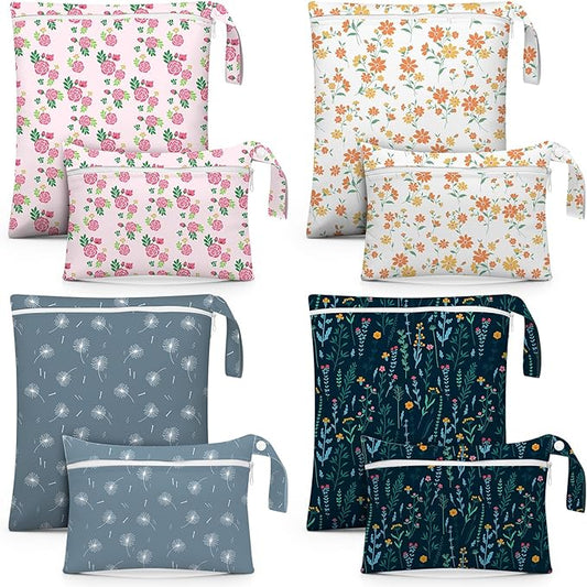 Reginary 8 Pack Wet Dry Bags Large & Small Waterproof Reusable Travel Zipper Pouches for Baby Diapers Family Wet Clothes Beach Swimsuits Toiletries(2 Sizes,Flower,Multicolor)