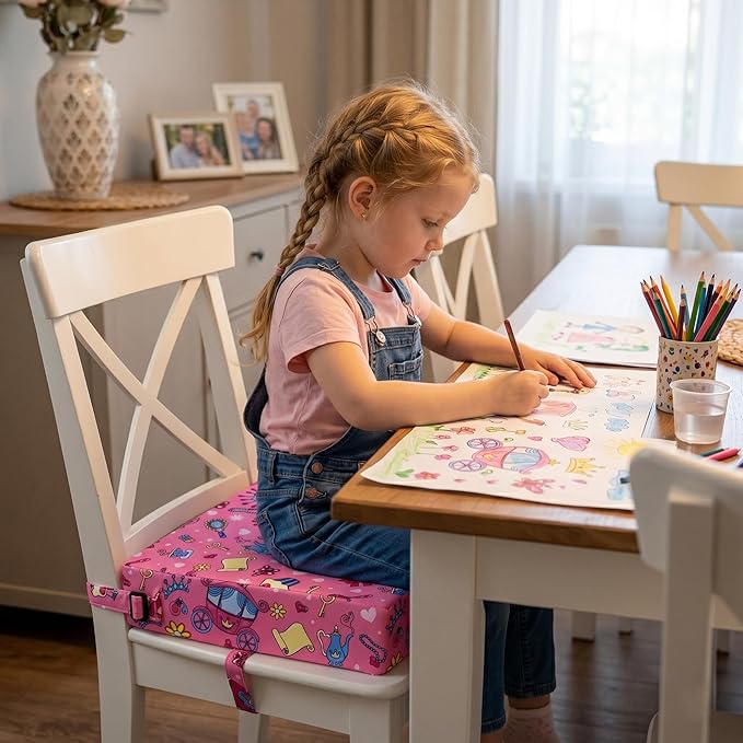 Toddler Booster Seat for Dining Table & Kitchen Chairs - Premium Foam with Non-Slip Bottom & Double Adjustable Straps, Safety Certified, Portable Travel &Easy to Clean (Pink-Princess)