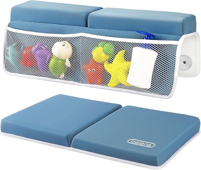 beiens Bath Kneeler and Elbow Rest Pad Set - 1.5'' Comfortable Thick Baby Bath Kneeler Pads, Quick Dry Soft Kneeling Pad for Baby Bath Time, Non-Slip Knee& Arm Support Bathtub Mat with Toys Organizer