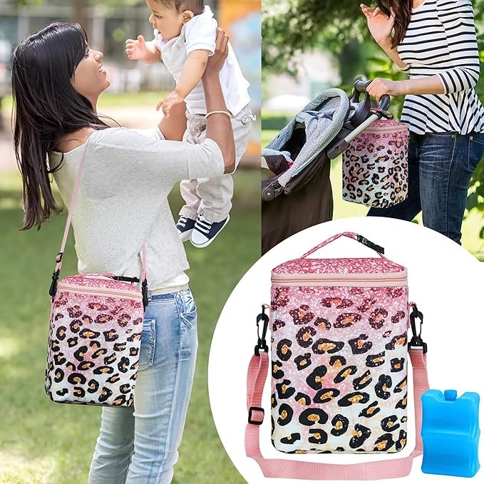 Breastmilk Cooler Bag with Ice Pack Fits 4 Baby Bottles Up to 9 Ounce Insulated Baby Bottle Bag Breast Milk Cooler on The Go with Strap Baby Bottle Cooler Bag for Nursing Mom Daycare or Travel
