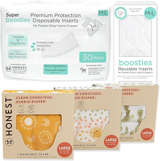 Honest Hybrid Cloth Diaper Cover + Super Boosties Disposable Inserts 30ct + Reusable Inserts, Large (22-40 lbs), Cotton Muslin Honest Covers Feature Pocket-Sling, Starter Kit