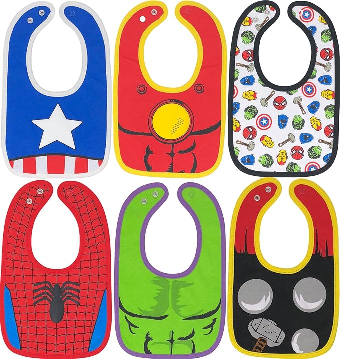 Marvel Avengers Hulk Spider Man Thor Iron Man Captain America 6 Pack Bibs One Size