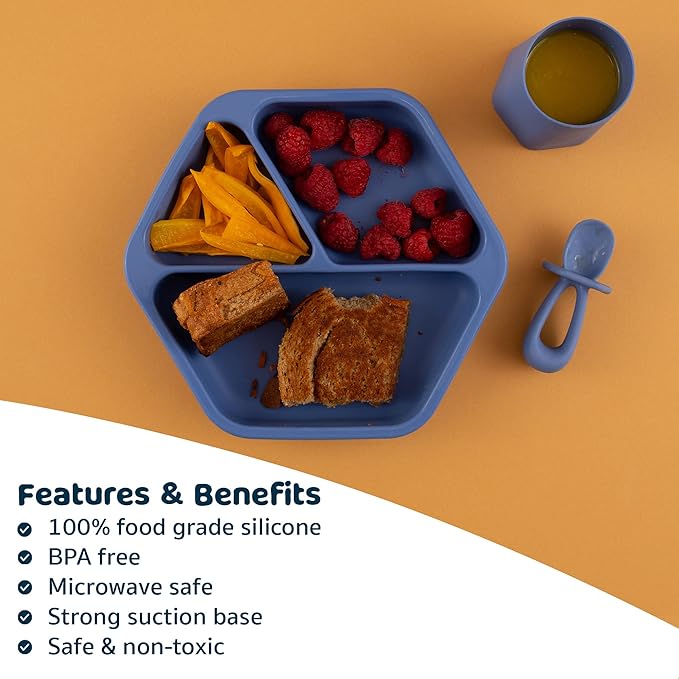 Tiny Twinkle Silicone Suction Baby Plate, Suction Grip Divided Dish for First Foods and Self-Feeding Toddlers, Baby Led Weaning Supplies for Independent Eating (Indigo Plate)
