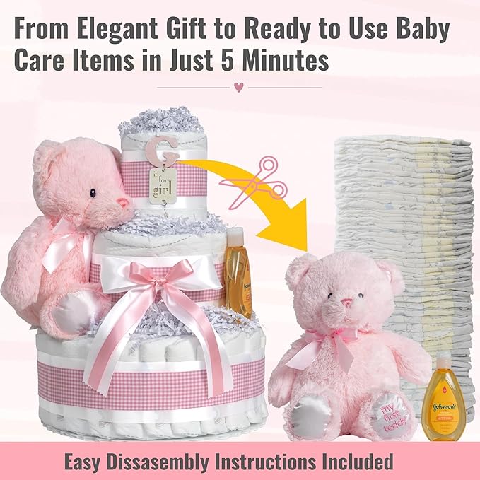 Lil' Baby Cakes Baby Girl Diaper Cake with Pink Plush Teddy Bear for Baby Showers or Newborn Gift - Pink and White Colors - Handmade Gift Using 42 Swaddler 1 Diapers - Size 10 in x 12 in