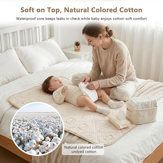 Cotton Baby Diaper Changing Mat - Waterproof & Portable Diaper Changing Pad for Baby Travel or Home, Foldable Mat Fits Perfectly in Diaper Bag, 27 x 20 inches