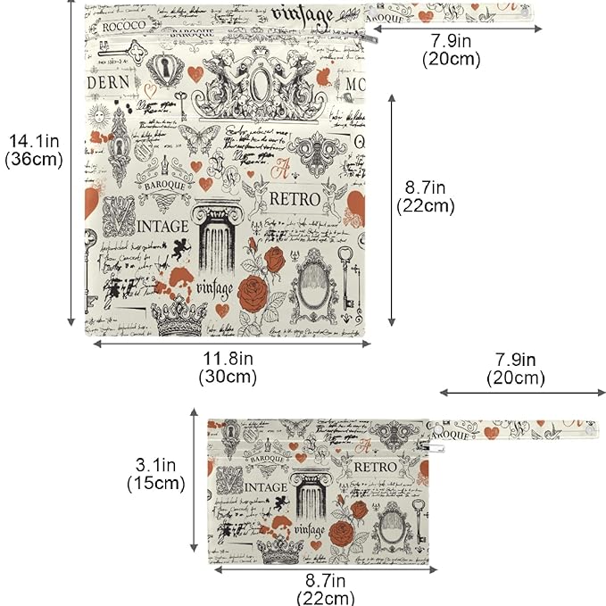 visesunny Vintage Style Red Rose and Art Object 2Pcs Wet Bag with Zippered Pockets Washable Reusable Roomy for Travel,Beach,Pool,Daycare,Stroller,Diapers,Dirty Gym Clothes, Wet Swimsuits, Toiletries