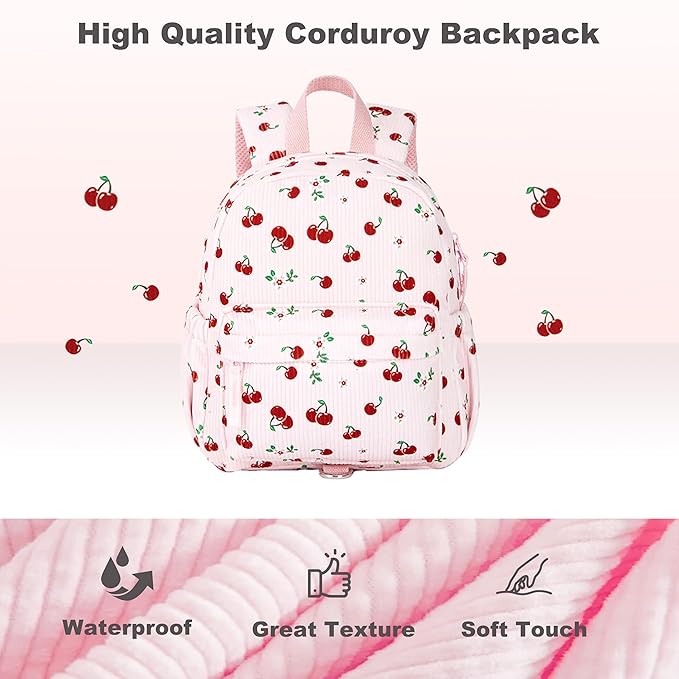 Corduroy Toddler Backpack with Detachable Leash and Anti-Lost Wrist Link, Safety Harness Walking Backpack for Toddler Boys Girls 1-3, Cute Cherry Travel Backpack with Leash for Kids