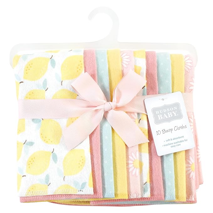 Hudson Baby Unisex Baby Cotton Flannel Burp Cloths, Lemon Daisy 10 Pack, One Size