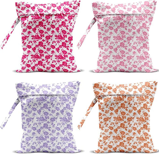 4 Pack Rose Floral Wet Bag Waterproof Washable Reusable Wet Dry Bag for Swimsuit Clothes Cloth Diaper Travel Beach Pool Yoga Gym Toiletries Gift for Women Sister Coworker Birthday Christmas
