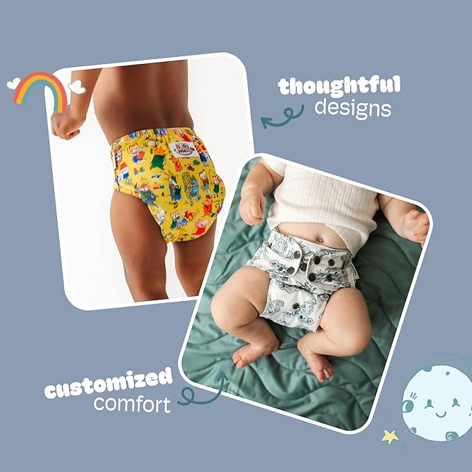 Kinder Cloth Diapers Reusable Baby Diapers Pocket Style Athletic Wicking Jersey, Bamboo Viscose Inserts, Wet Bag, Newborn to Potty Training 7-60lbs, One Size (Coastal Calm, 5 Pack, with Inserts)