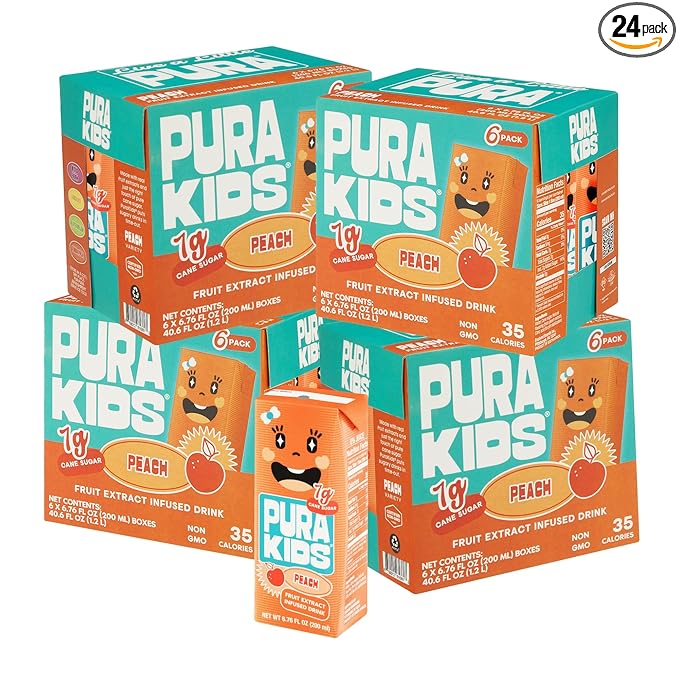PURA Kids Box | Peach Fruit extract infused Drink for kids | 7g Pure Cane Sugar | Non-GMO | Vegan, No Artificial Sweeteners | Best Lunchbox Beverage with Paper Straw | 6.76 fl oz (200ml), Pack of 24