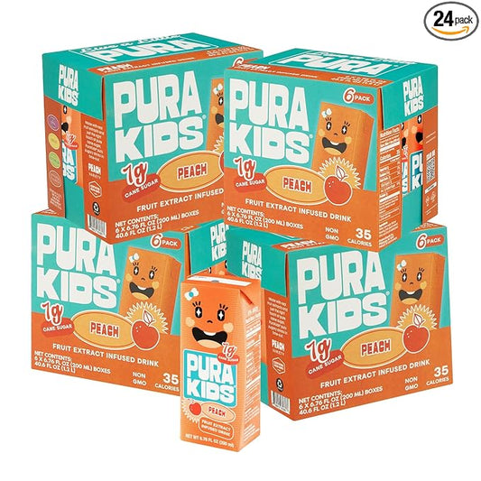 PURA Kids Box | Peach Fruit extract infused Drink for kids | 7g Pure Cane Sugar | Non-GMO | Vegan, No Artificial Sweeteners | Best Lunchbox Beverage with Paper Straw | 6.76 fl oz (200ml), Pack of 24
